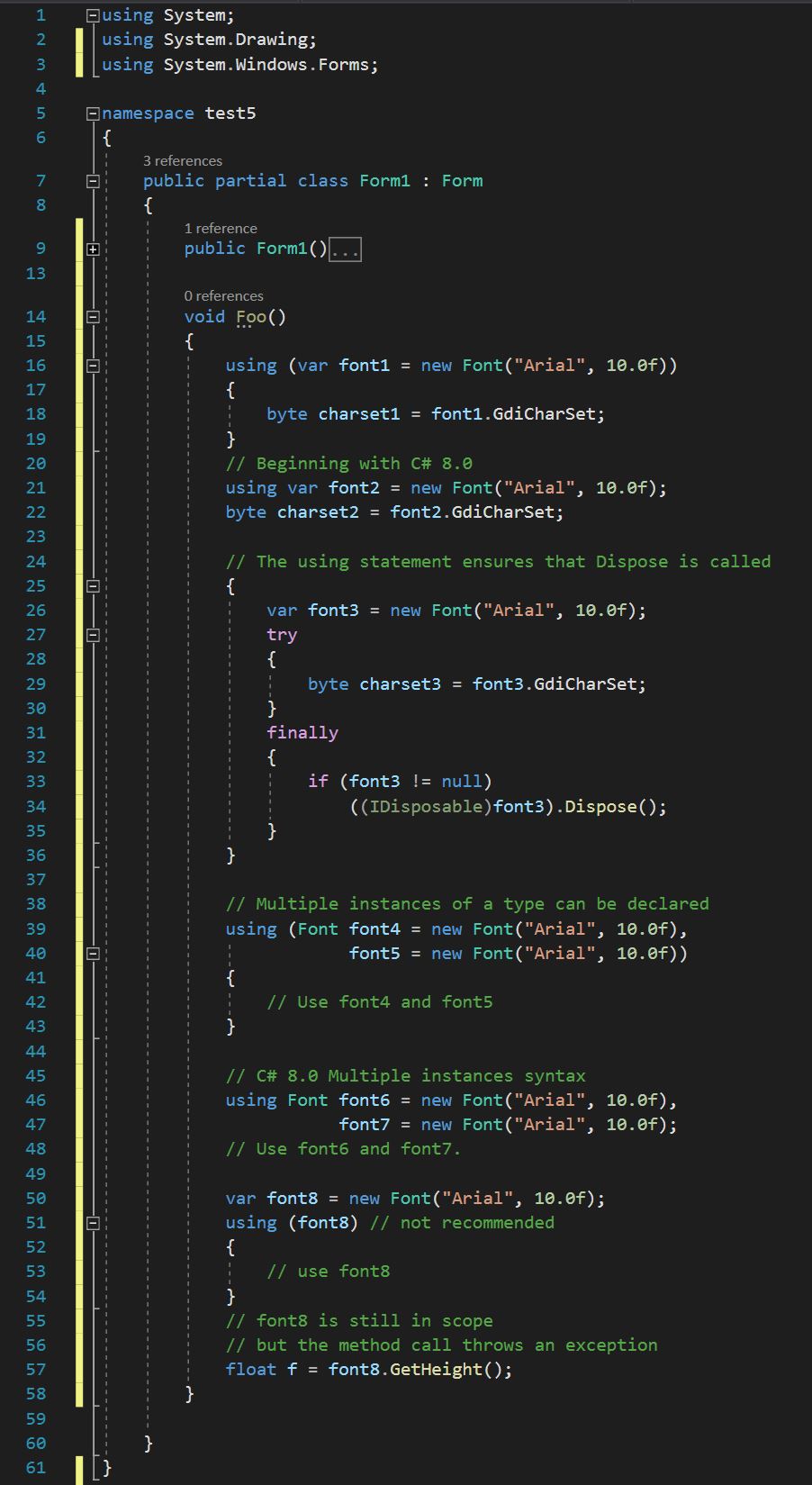 รูปแสดงวิธีเขียนโค้ดที่ใช้ using statement  เพื่อใช้ทำลาย object แบบ IDisposable